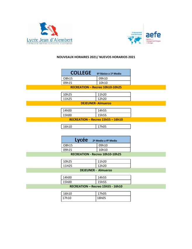 HORAIRES DU SECONDAIRE 2021