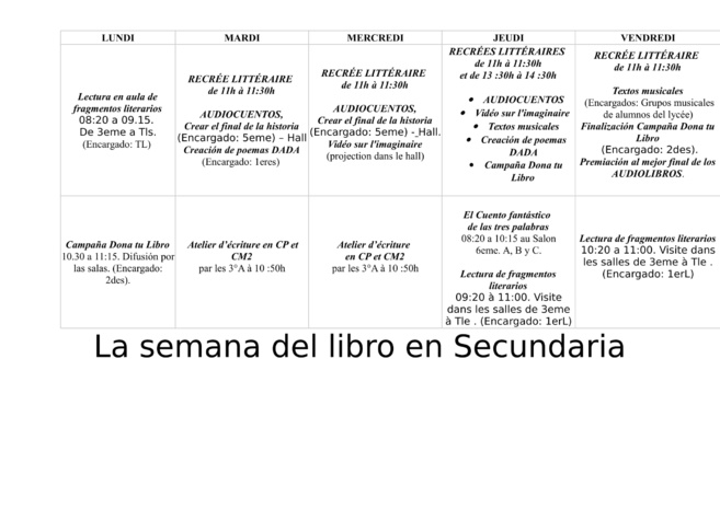 PROGRAMA SEMANA DEL LIBRO DEL 22 AL 26 DE MAYO - PRIMARIA Y SECUNDARIA
