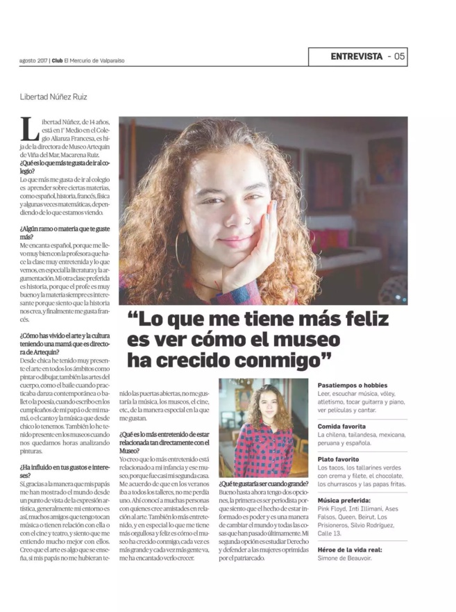 INFLUENCIA DEL ARTE - ENTREVISTA DE NUESTRA ALUMNA POR EL MERCURIO DE VALPARAÍSO INFLUENCIA DEL ARTE - ENTREVISTA DE NUESTRA ALUMNA POR EL MERCURIO DE VALPARAÍSO