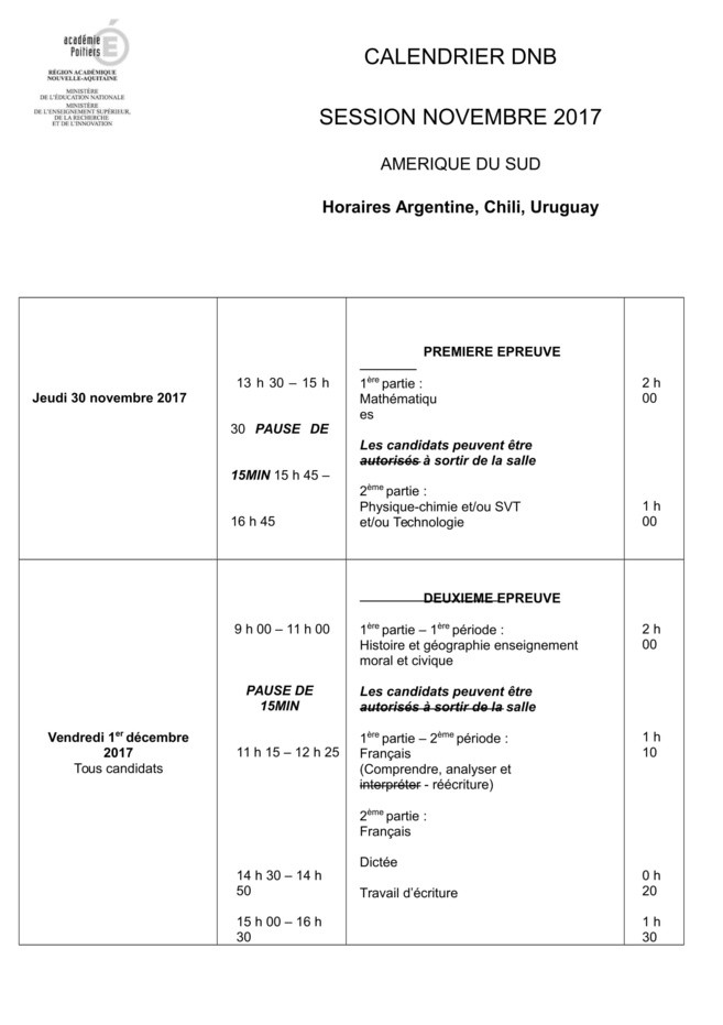 DNB 2017 - CALENDRIER DES ÉPREUVES