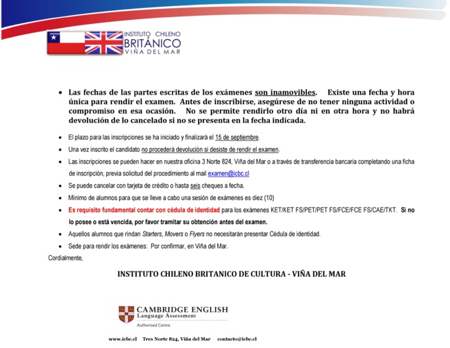 Información de los valores para los exámenes internacionales - II MEDIOS