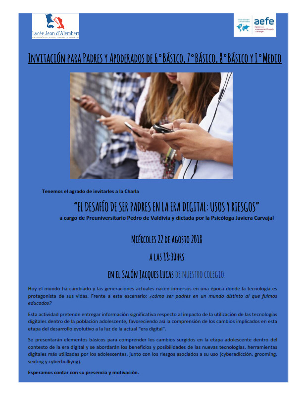 INVITACIÓN CHARLA MIÉRCOLES 22.08 - Padres y Apoderados de 6º, 7º, 8º y I Medio. INVITACIÓN CHARLA MIÉRCOLES 22.08 - Padres y Apoderados de 6º, 7º, 8º y I Medio.