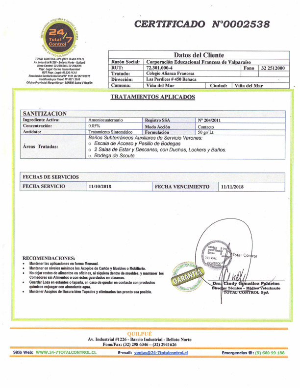 Certificado de sanitización Noviembre 2018 Certificado de sanitización Noviembre 2018