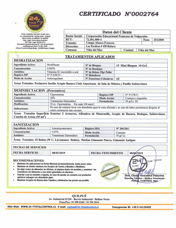 Certificado de Sanitización - Febrero 2019 Certificado de Sanitización - Febrero 2019
