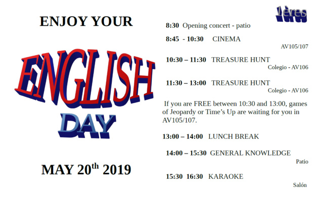 20.05, ENGLISH DAY 2019: DEMANDEZ LE PROGRAMME! 20.05, ENGLISH DAY 2019: DEMANDEZ LE PROGRAMME!