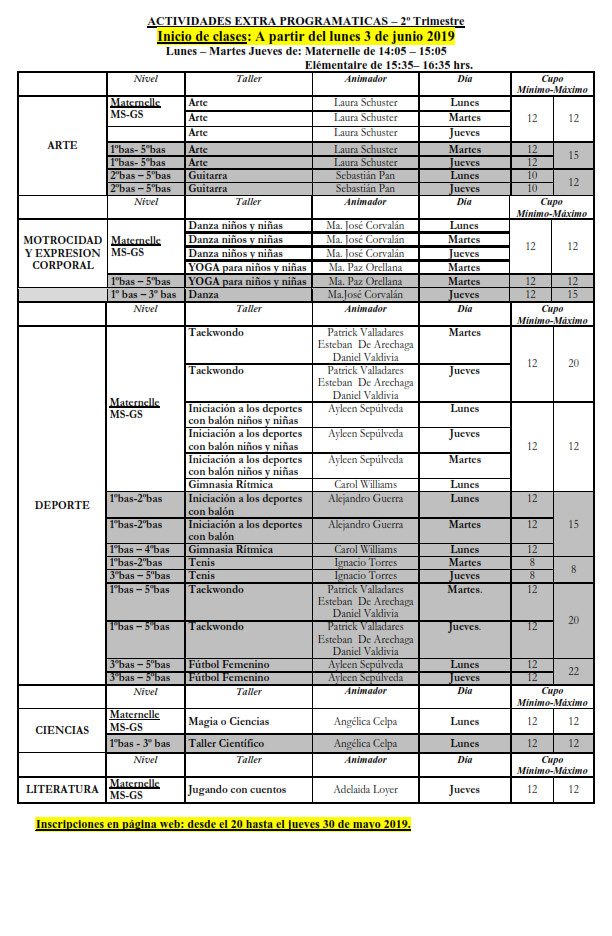Talleres extra-programáticos 2ndo trimestre 2019 : INSCRIPCIONES A PARTIR 20 DE MAYO Talleres extra-programáticos 2ndo trimestre 2019 : INSCRIPCIONES A PARTIR 20 DE MAYO