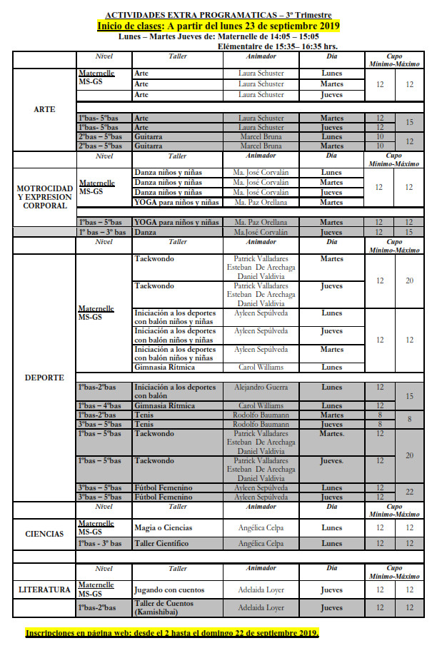 Talleres extra-programáticos 3er trimestre 2019: Inscripciones abre el 2 de septiembre Talleres extra-programáticos 3er trimestre 2019: Inscripciones abre el 2 de septiembre