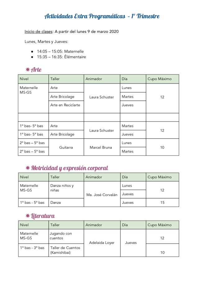 Actividades extra programáticas 2020 Actividades extra programáticas 2020