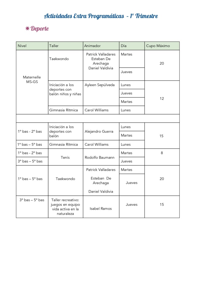 Actividades extra programáticas 2020