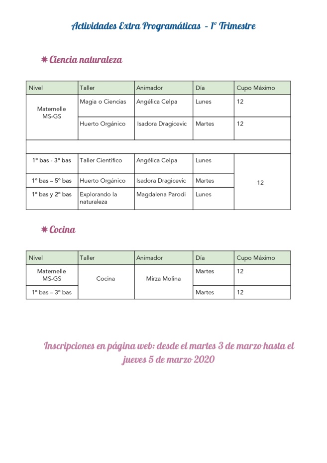 Actividades extra programáticas 2020