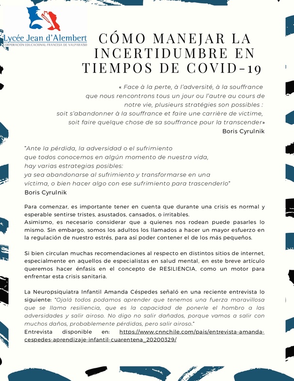 Cómo manejar la incertidumbre en tiempos de COVID-19 :Resiliencia y salud mental Cómo manejar la incertidumbre en tiempos de COVID-19 :Resiliencia y salud mental