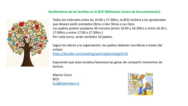 Accueil des parents d’élèves à la BCD (Bibliothèque Centre Documentaire) Accueil des parents d’élèves à la BCD (Bibliothèque Centre Documentaire)