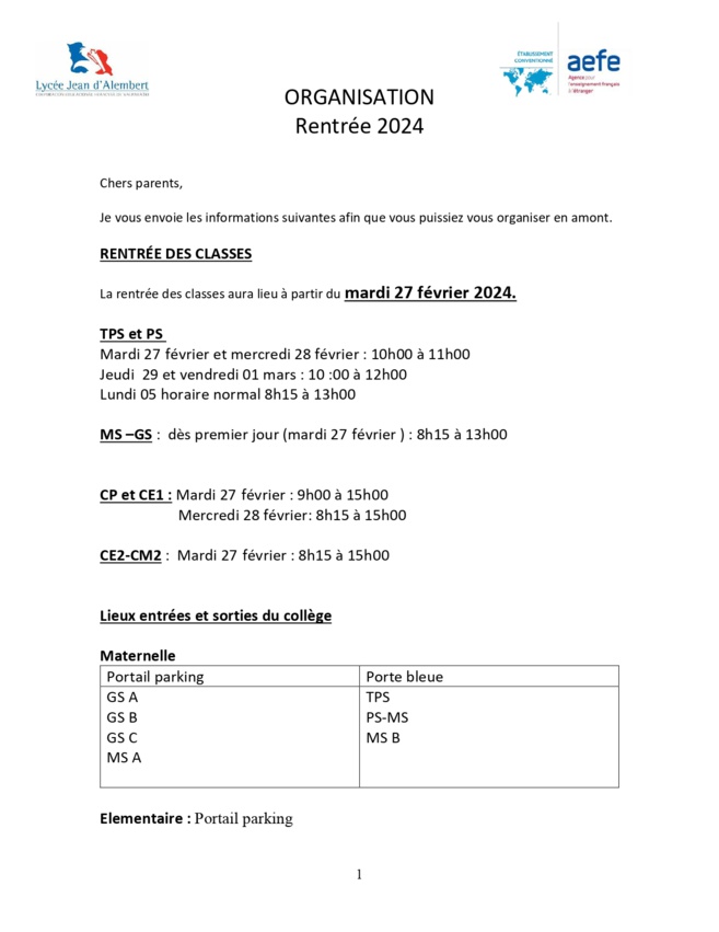 Information Rentrée 2024