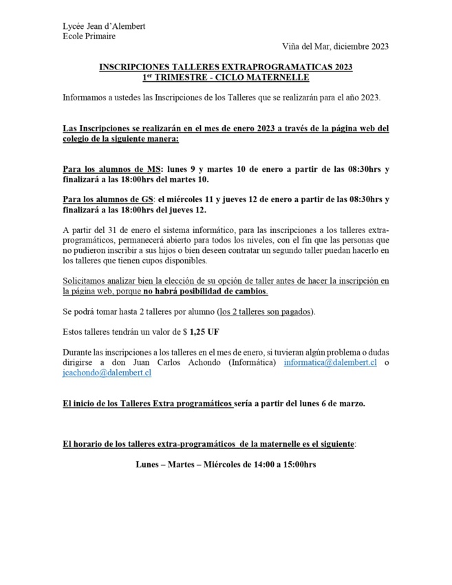 Talleres 1er Semestre 2023 Maternelle Talleres 1er Semestre 2023 Maternelle