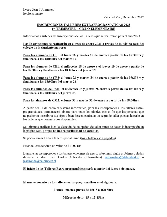 Talleres 1er Semestre 2023 Élémentaire