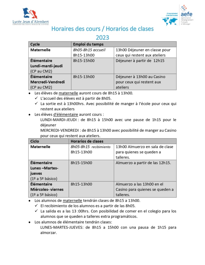 Horario 2023 Élémentaire Horario 2023 Élémentaire