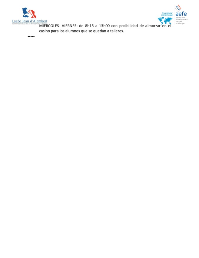 Horario 2023 Élémentaire
