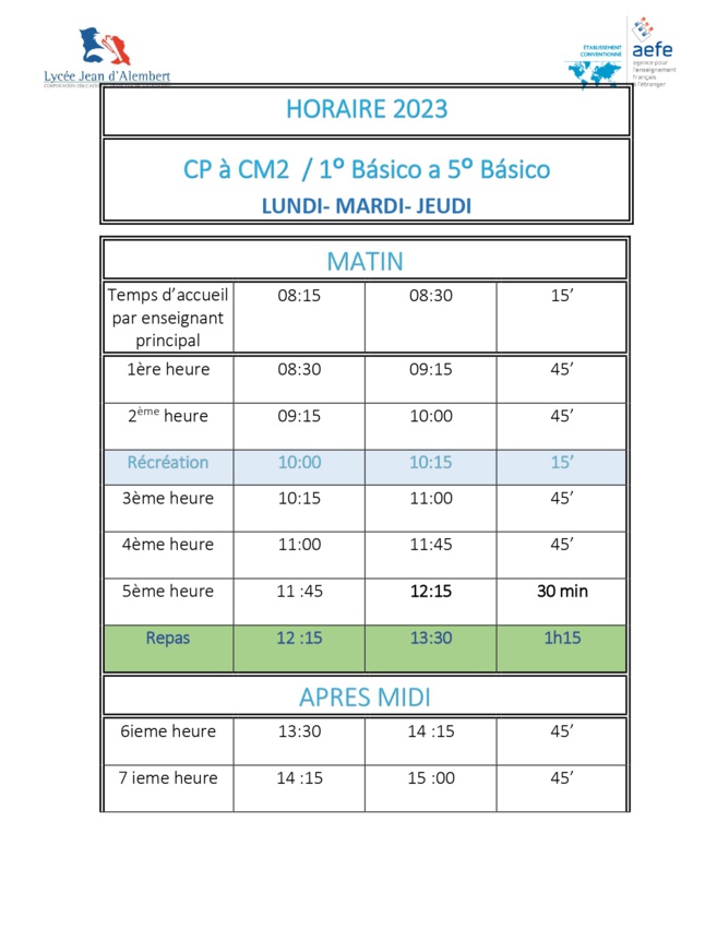 Horario 2023 Élémentaire