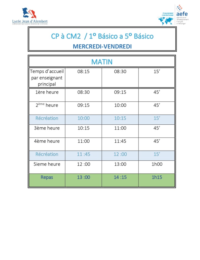 Horario 2023 Élémentaire