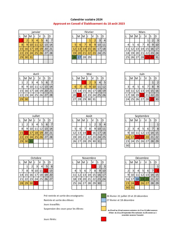 Calendrier Scolaire 2024