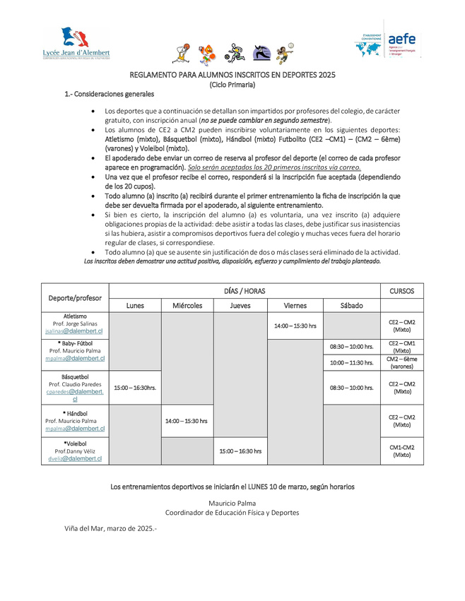 Inscripción, horarios y reglamento DEPORTES 2025 (Primaria y Secundaria)