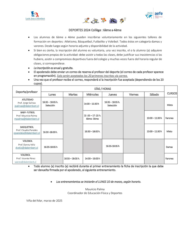 Inscripción, horarios y reglamento DEPORTES 2025 (Primaria y Secundaria)
