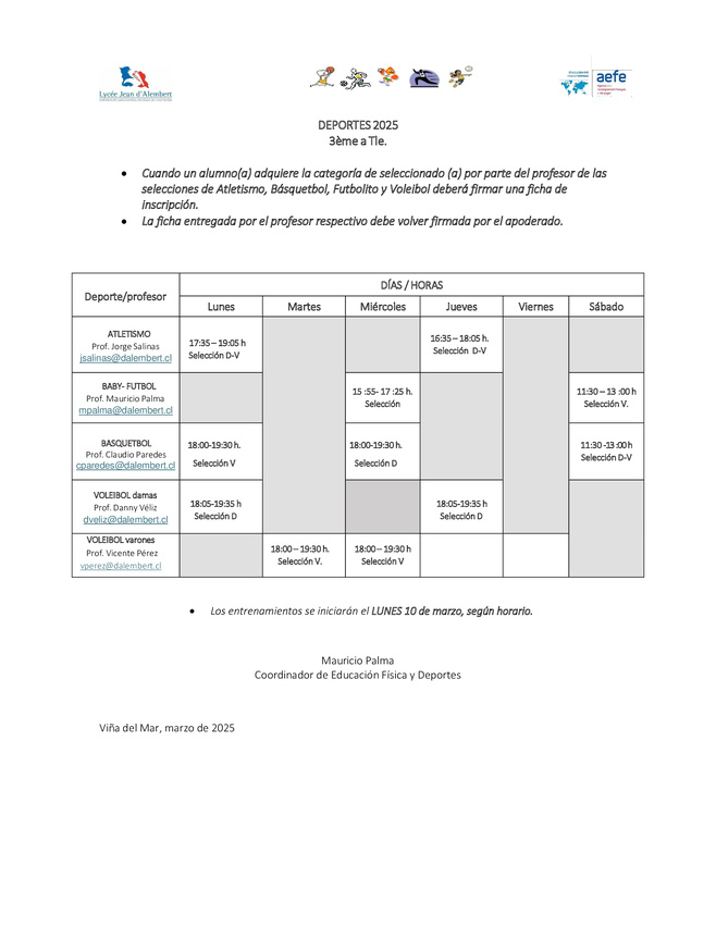 Inscripción, horarios y reglamento DEPORTES 2025 (Primaria y Secundaria)