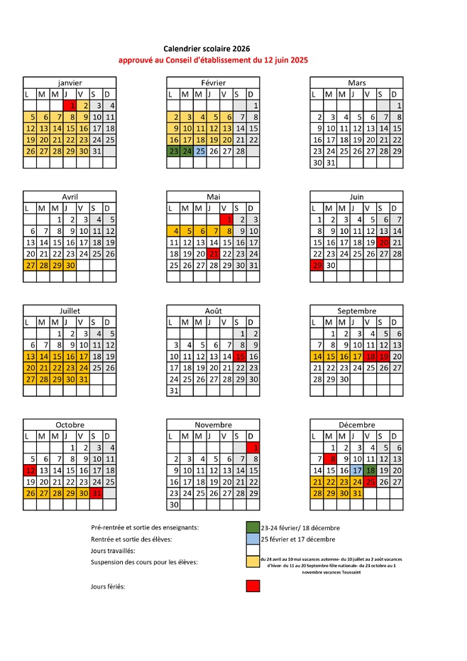 Calendrier Scolaire 2026