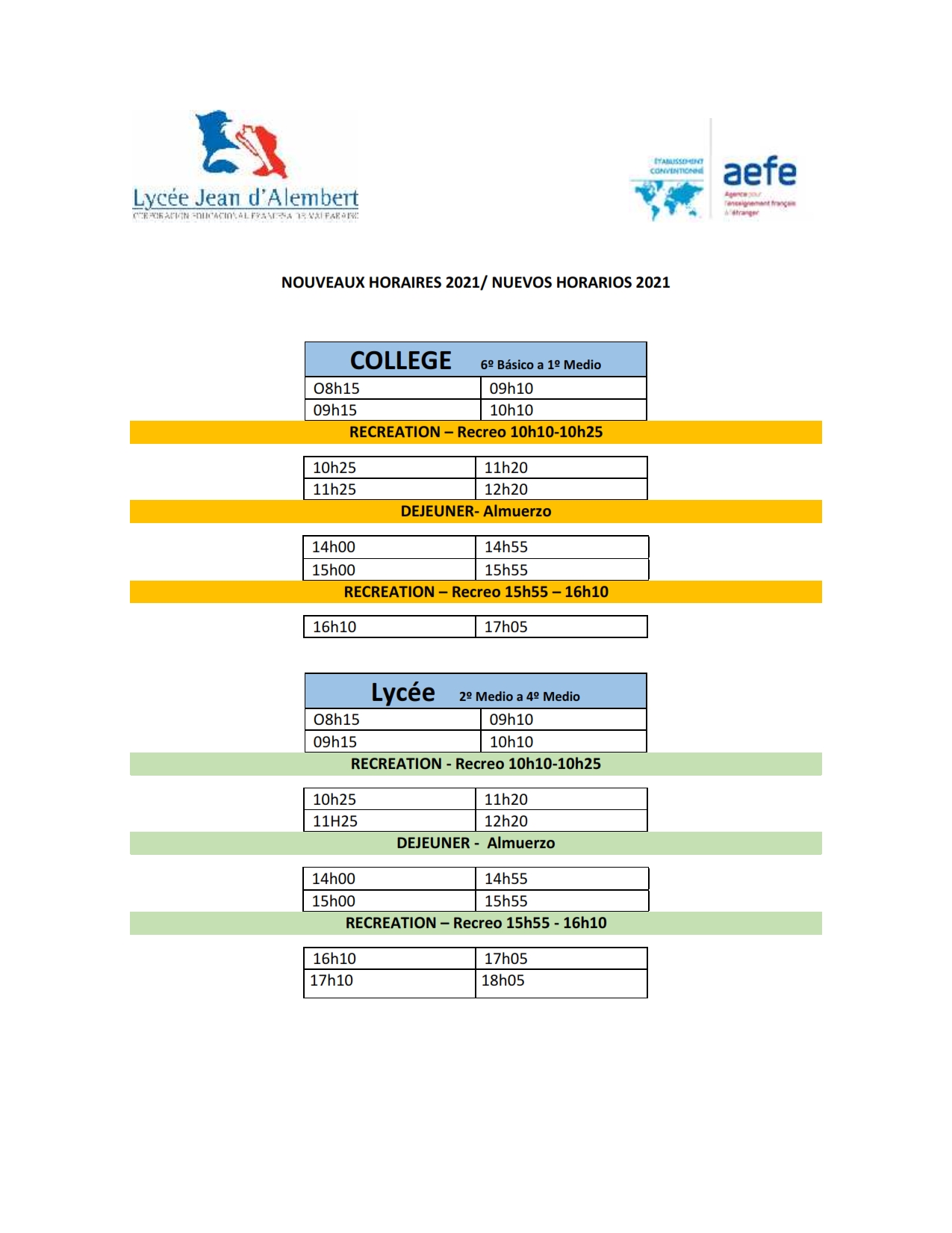HORAIRES DU SECONDAIRE 2021