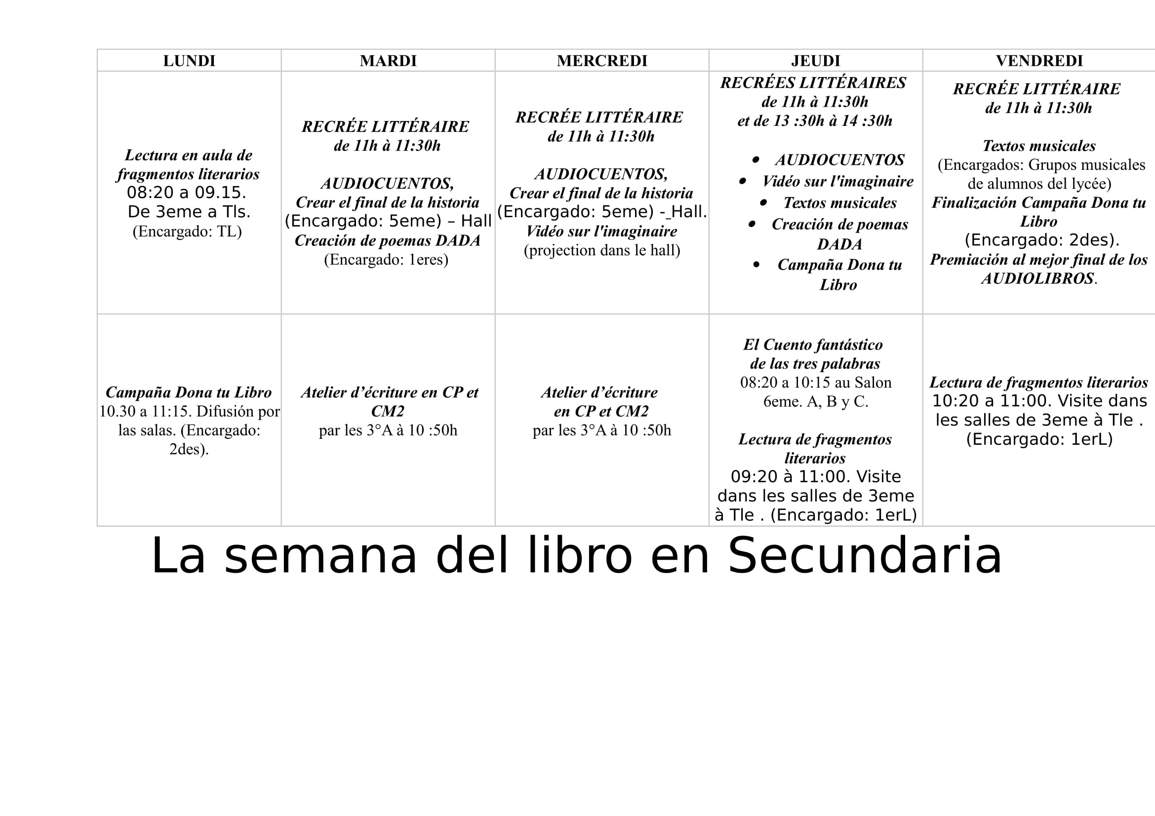 PROGRAMA SEMANA DEL LIBRO DEL 22 AL 26 DE MAYO - PRIMARIA Y SECUNDARIA