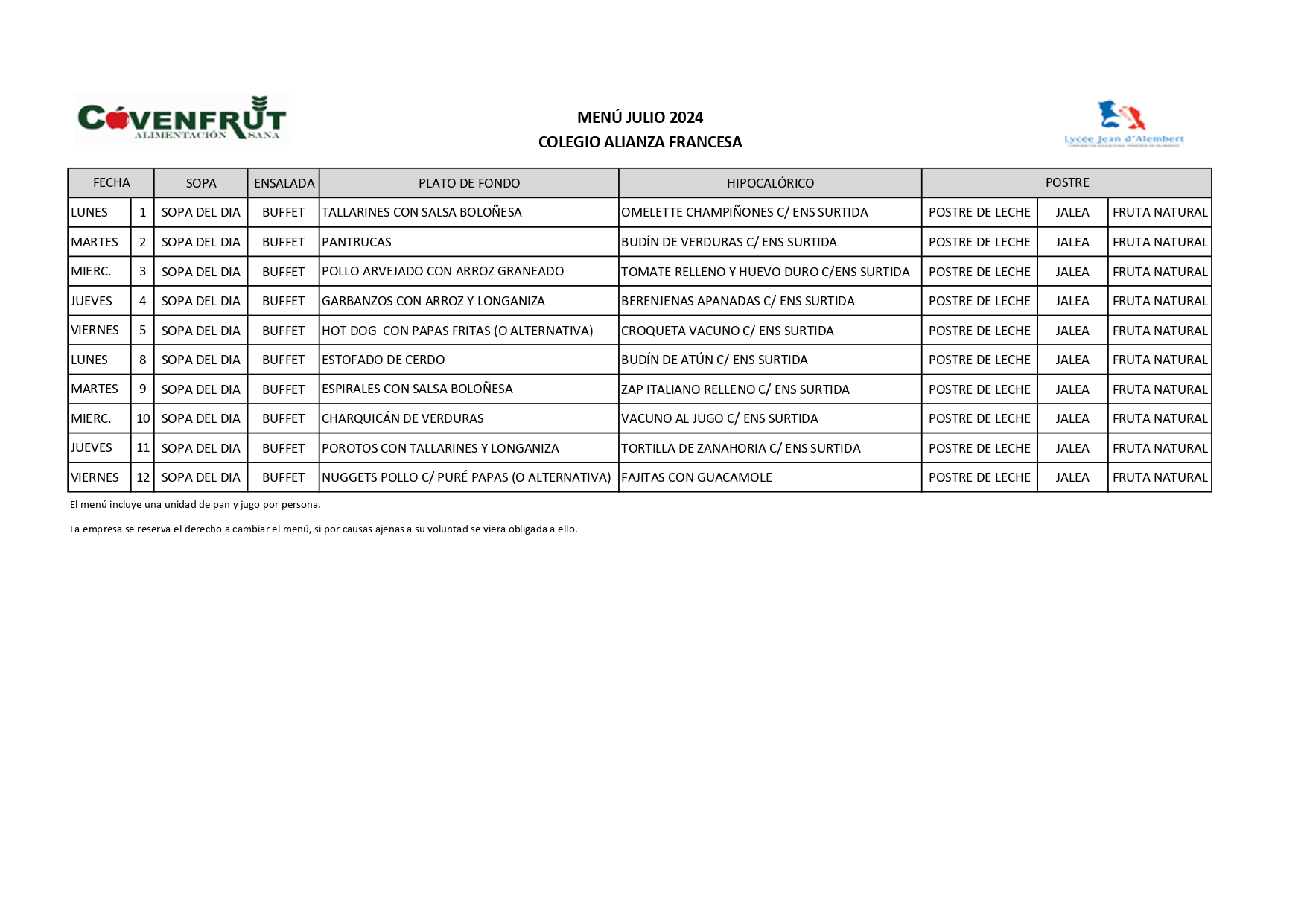 Minuta Cantine Julio 2024 Minuta Cantine Julio 2024