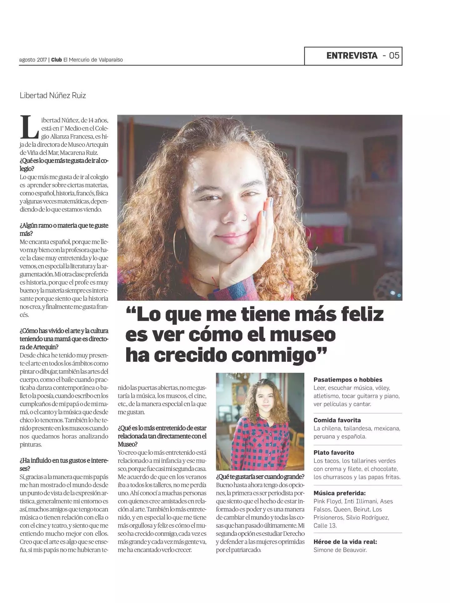 INFLUENCIA DEL ARTE - ENTREVISTA DE NUESTRA ALUMNA POR EL MERCURIO DE VALPARAÍSO