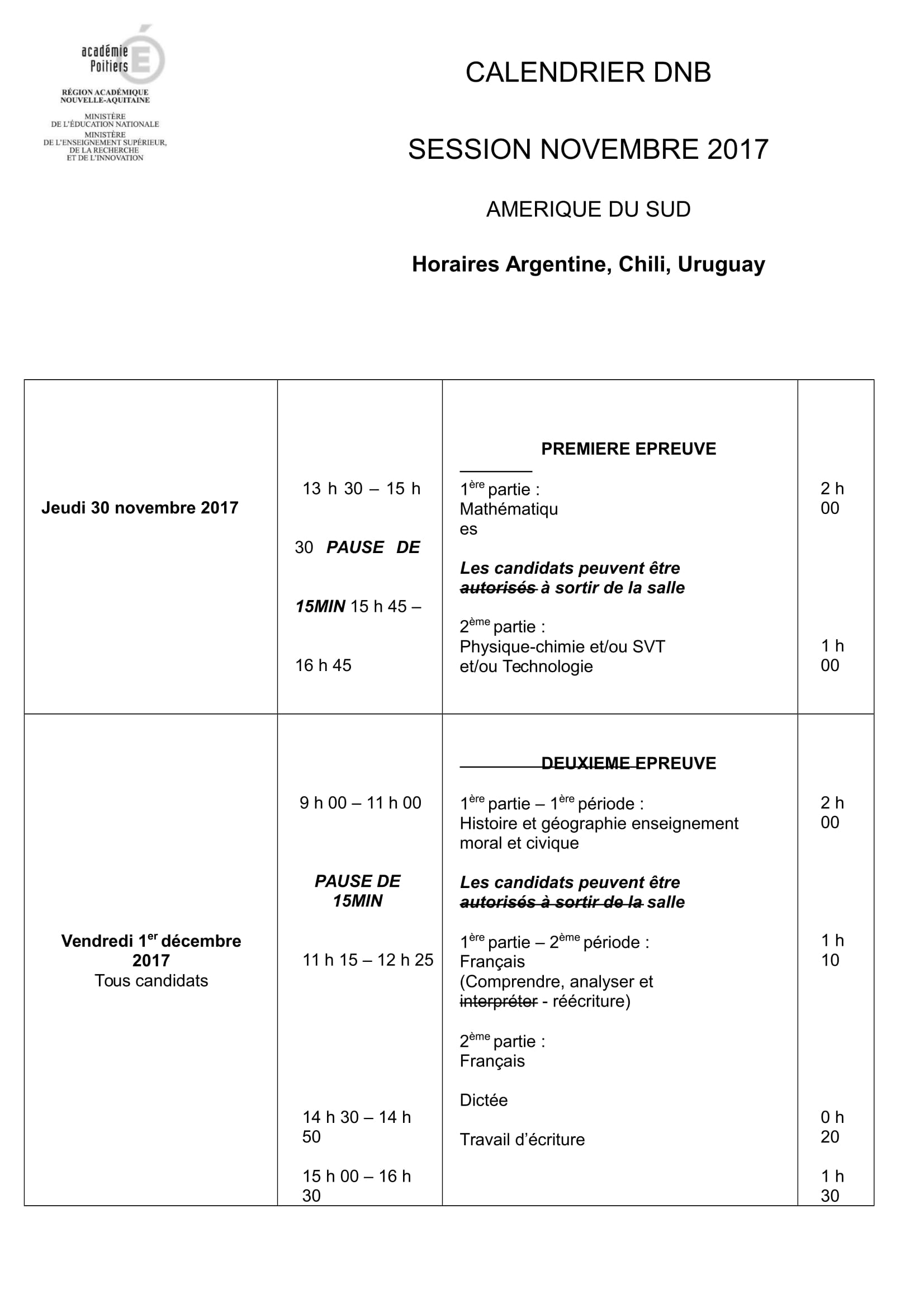 DNB 2017 - CALENDRIER DES ÉPREUVES