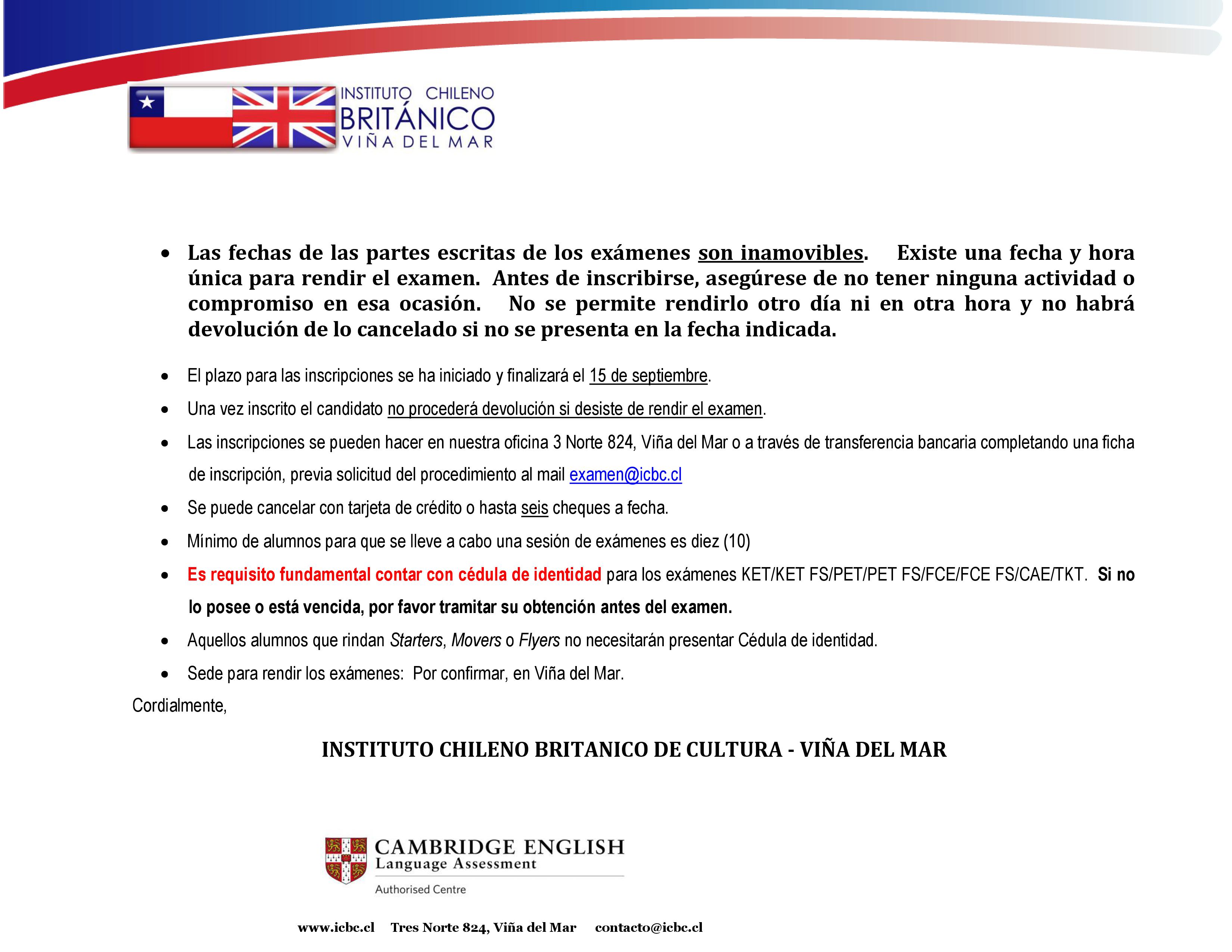 Información de los valores para los exámenes internacionales - II MEDIOS