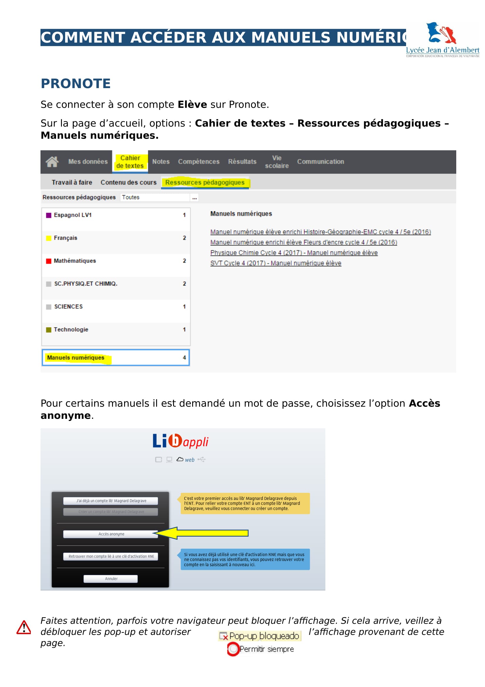 ACCÉDER AUX MANUELS NUMÉRIQUES VIA PRONOTE.