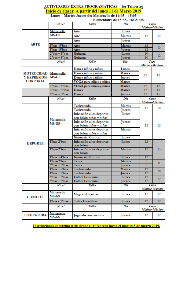 Talleres extra-programáticos 1er trimestre 2019 - INFORMACIÓN IMPORTANTE 20.02.2019