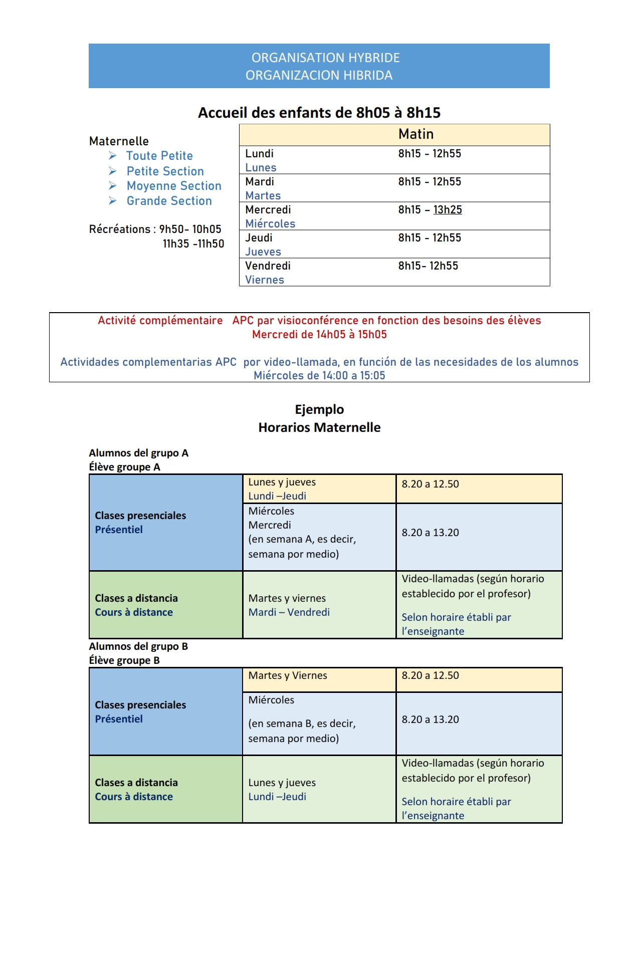 NOUVEAUX HORAIRES 2021 / NUEVOS HORARIOS 2021