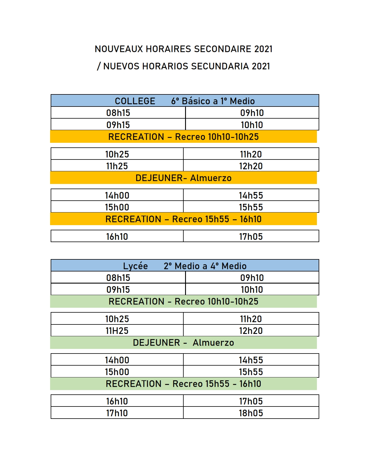 NOUVEAUX HORAIRES 2021 / NUEVOS HORARIOS 2021