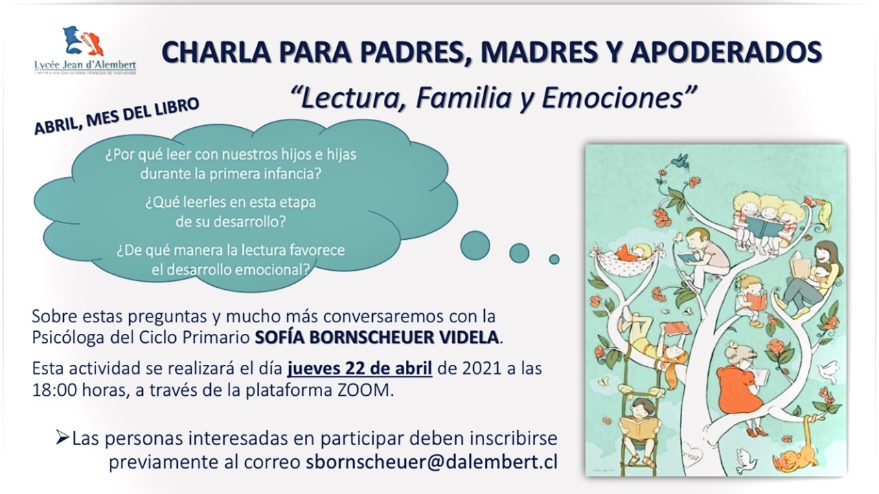 Invitación a charla "Lectura, familia y emociones", Jueves 22 Abril /Invitation à la rencontre "Lecture, famille et émotions", jeudi 22 avril.