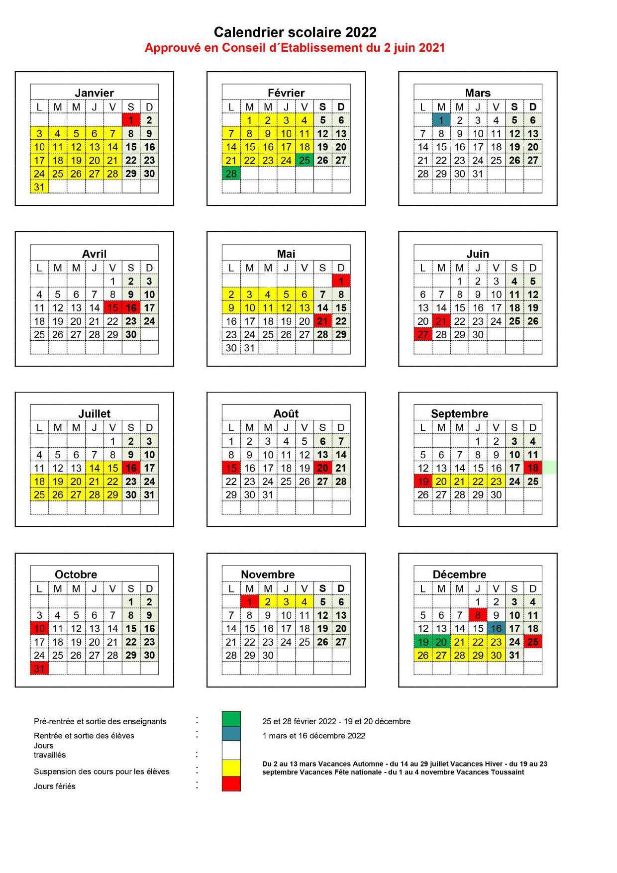 Calendrier scolaire 2022