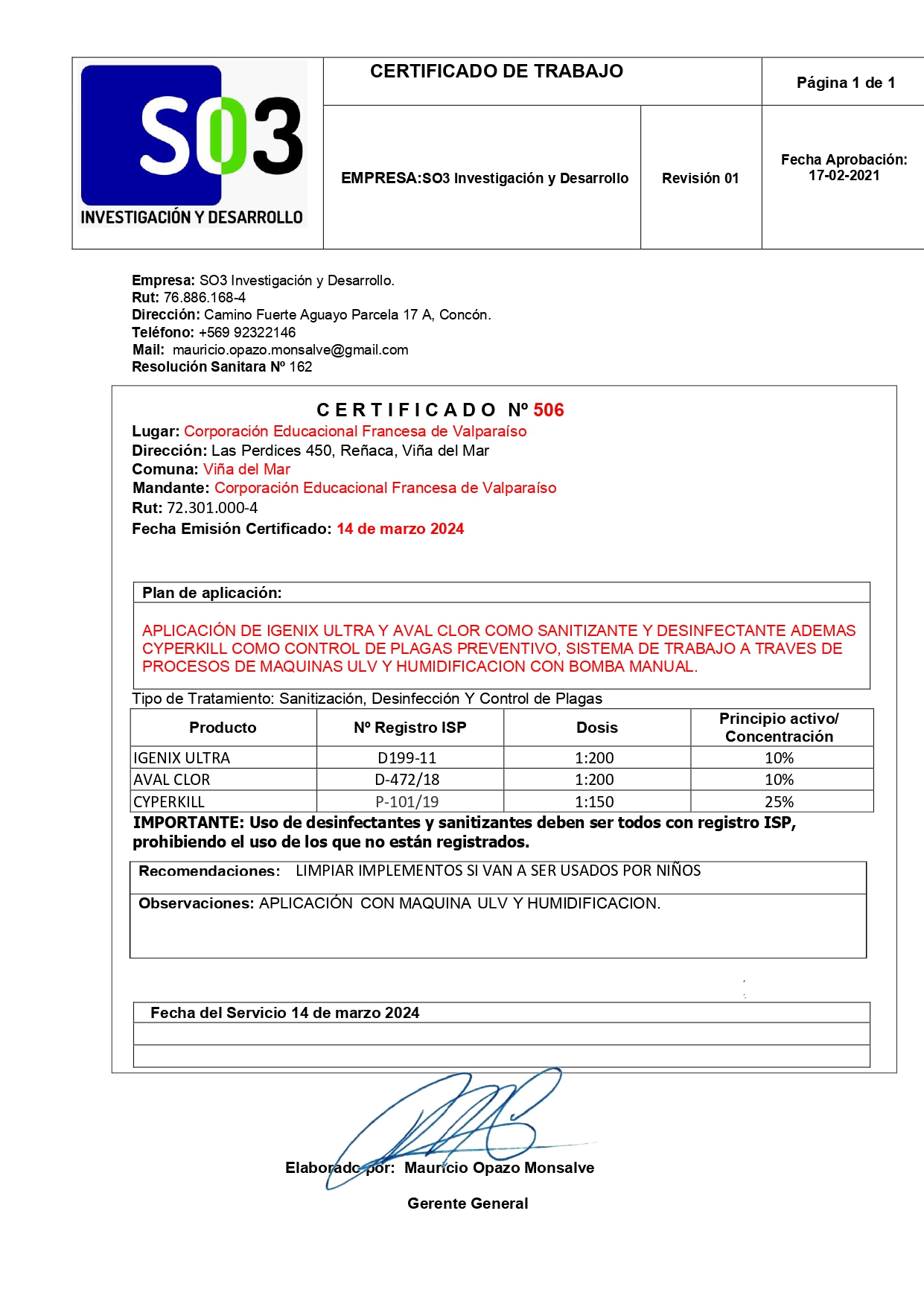 Certificado de Sanitización y Control de Plagas 