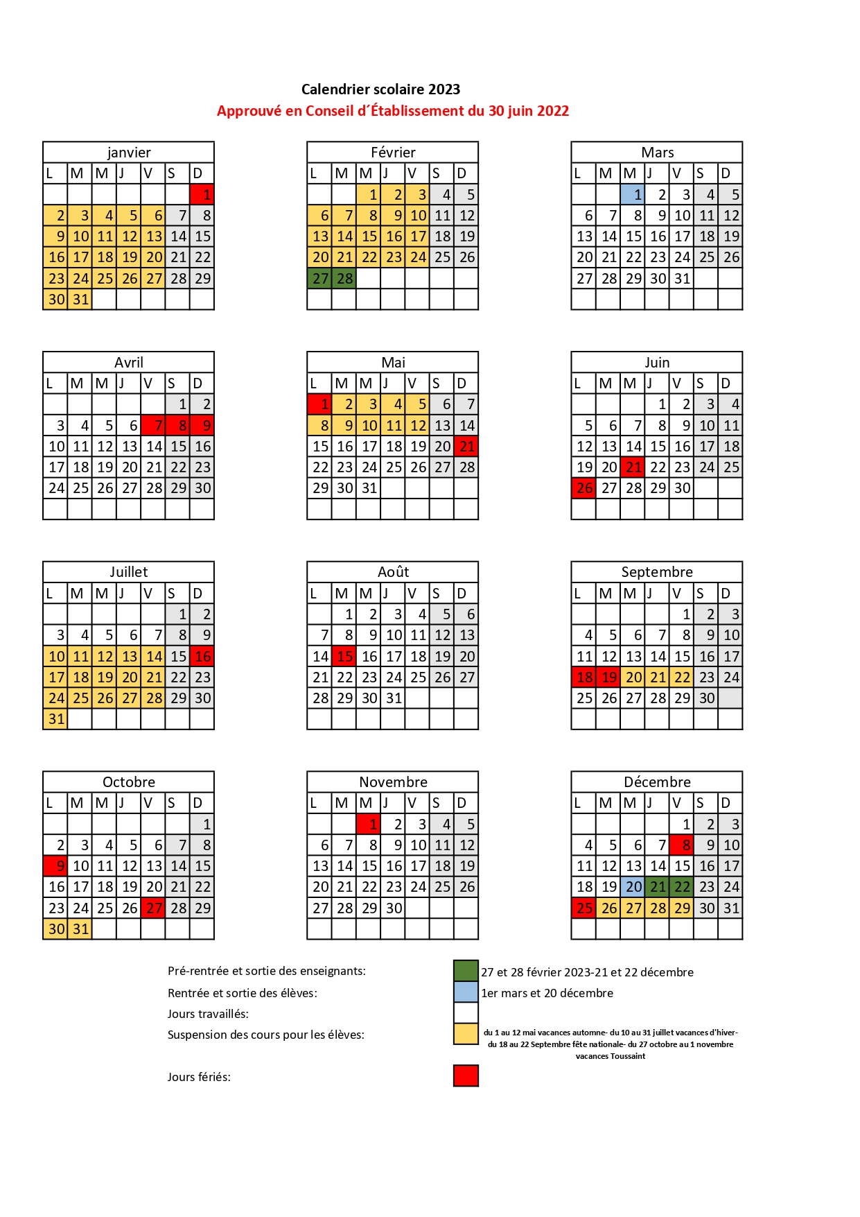 Calendrier scolaire 2023