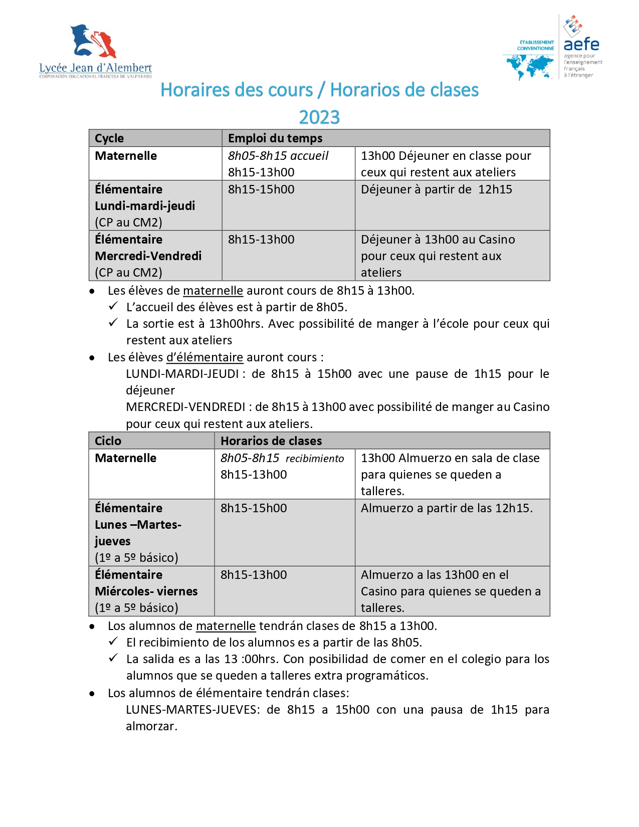 Horario 2023 Élémentaire