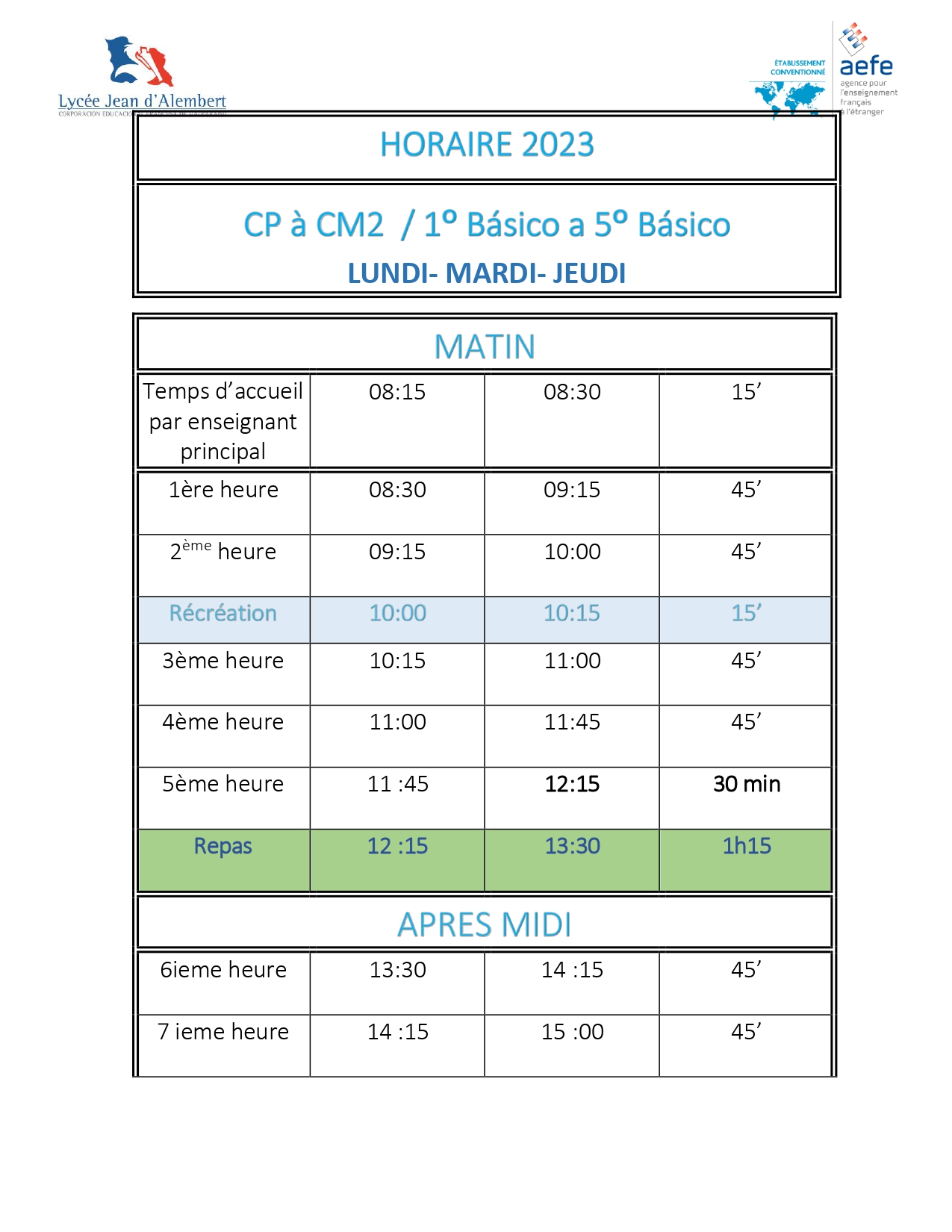 Horario 2023 Élémentaire