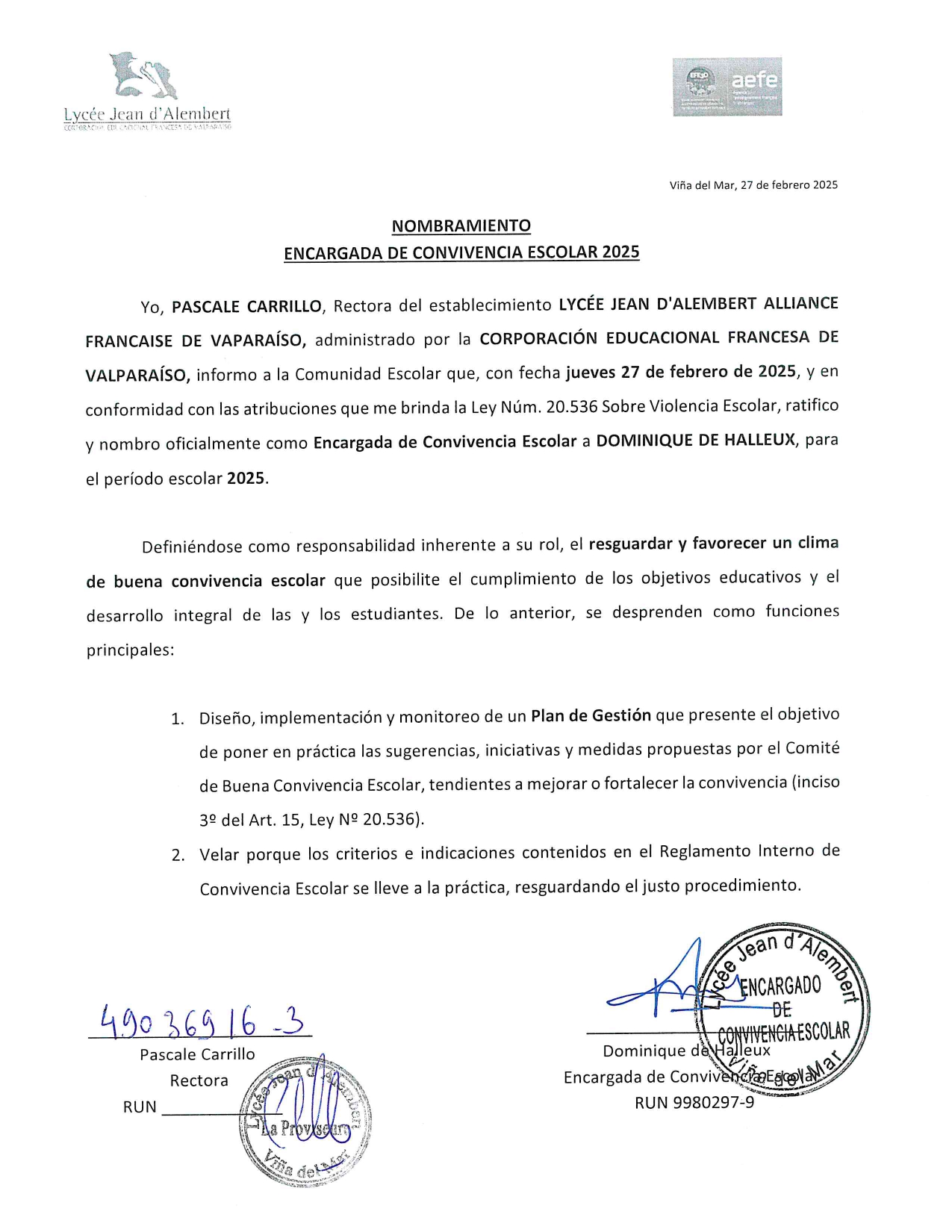 Nombramiento Encargada de convivencia escolar