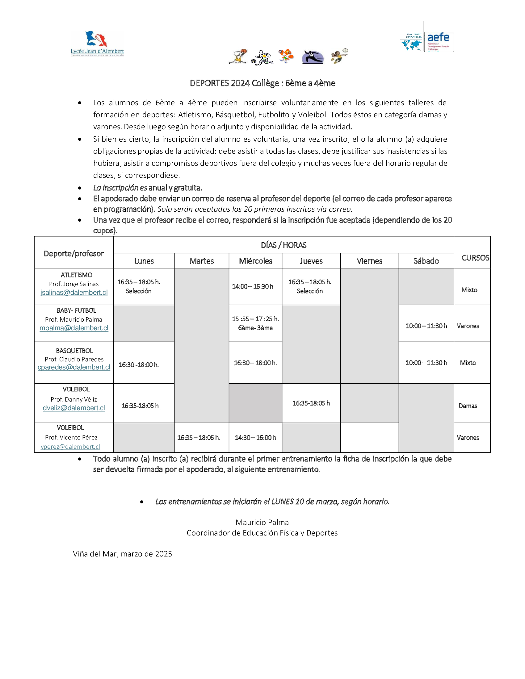 Inscripción, horarios y reglamento DEPORTES 2025 (Primaria y Secundaria)
