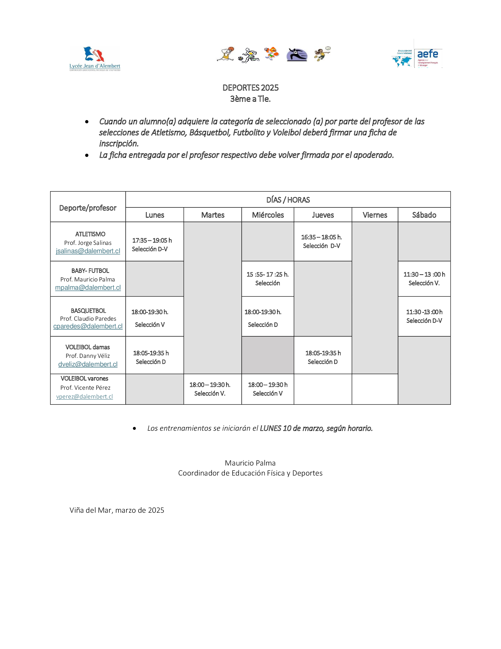 Inscripción, horarios y reglamento DEPORTES 2025 (Primaria y Secundaria)