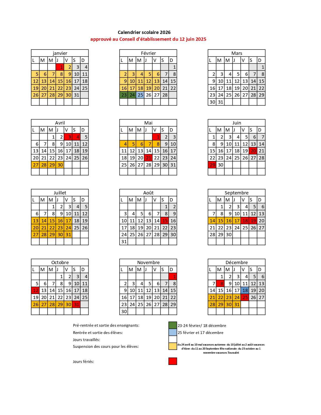 Calendrier Scolaire - Calendario escolare