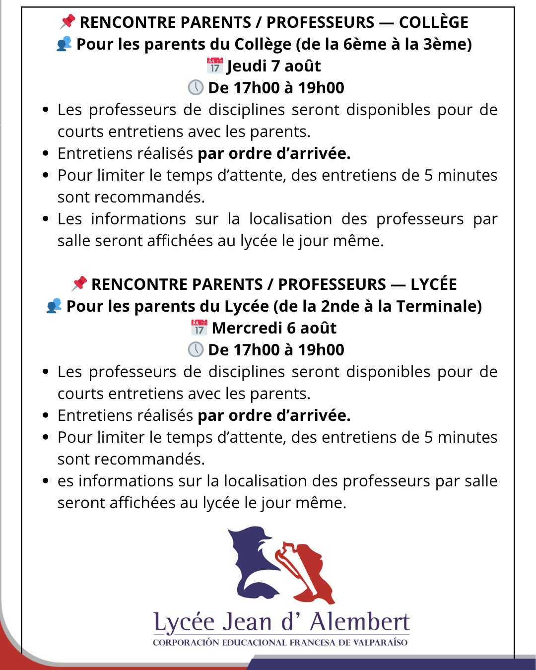 Encuentros apoderados/profesores de Collège y Lycée, 6 y 7 de agosto