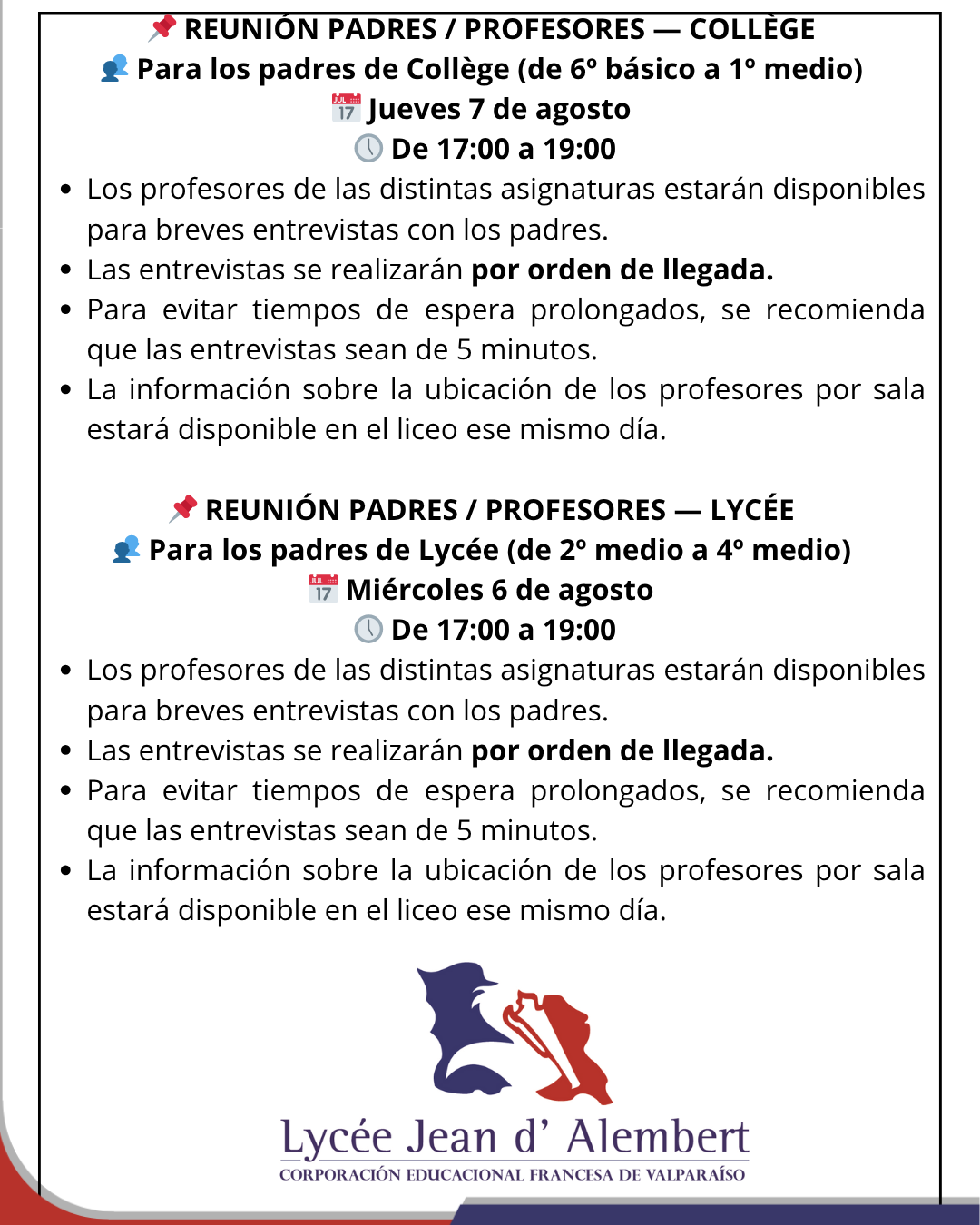 Encuentros apoderados/profesores de Collège y Lycée, 6 y 7 de agosto
